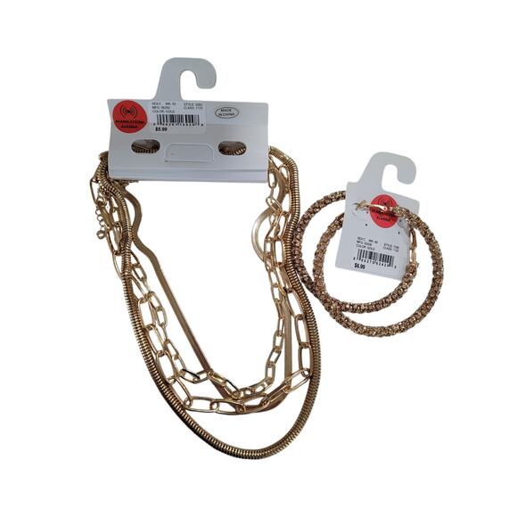 Women's Gold Costume Jewelry Layered‎ Necklace Hoop Earrings Studs #7 - Picture 2 of 3